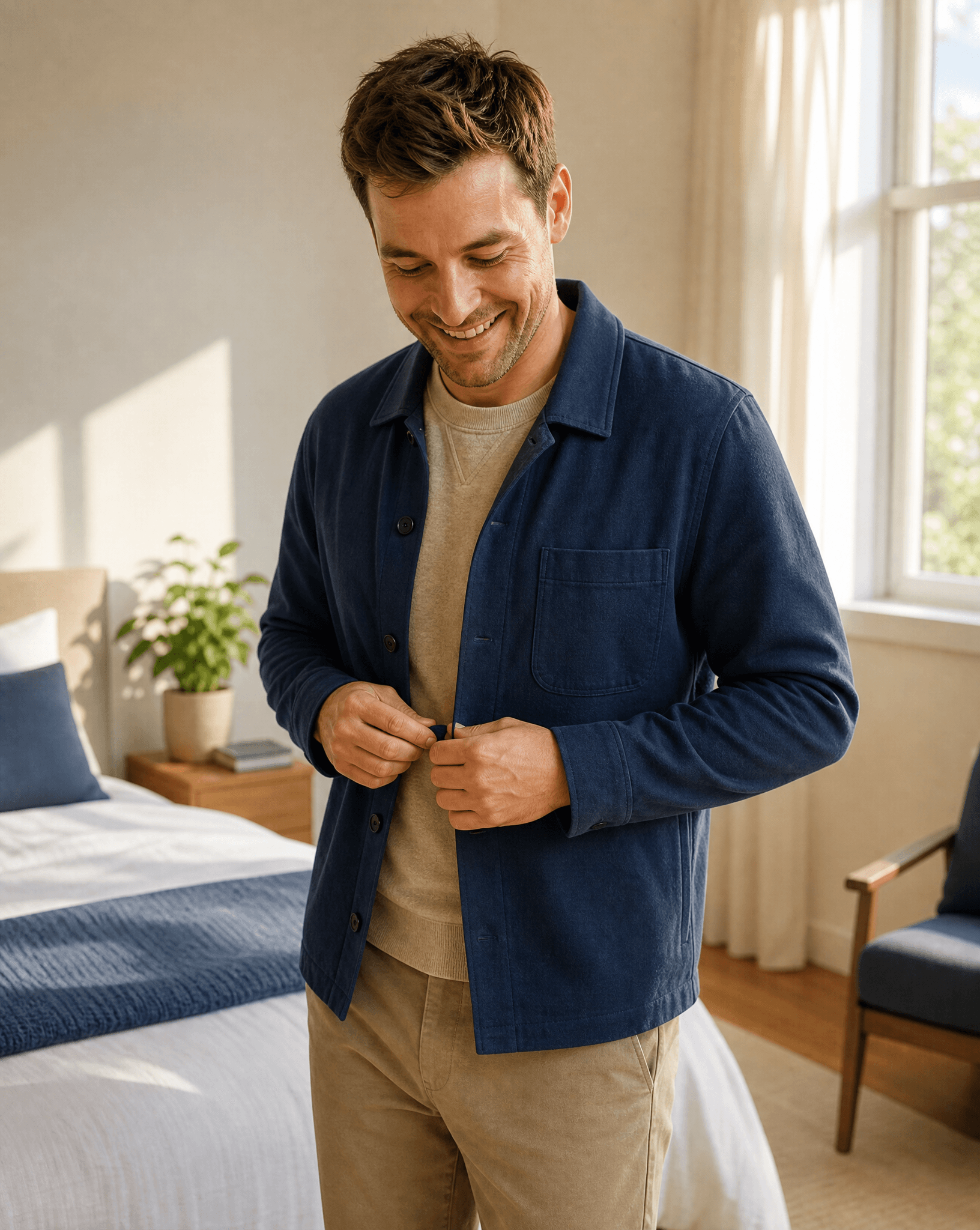 A man in his 30s buttoning a jacket with a relaxed, confident smile