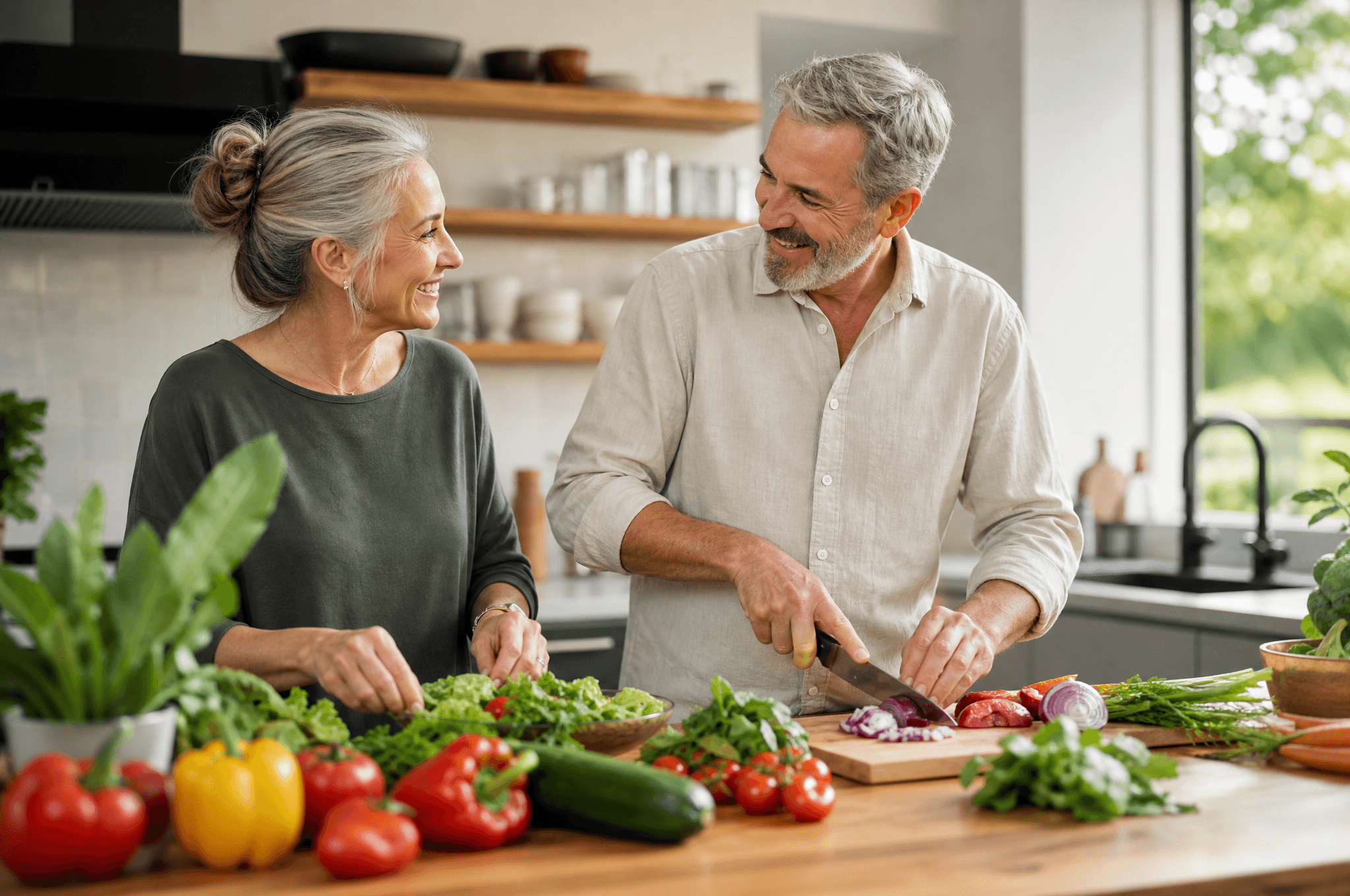 A couple preparing a fresh meal together