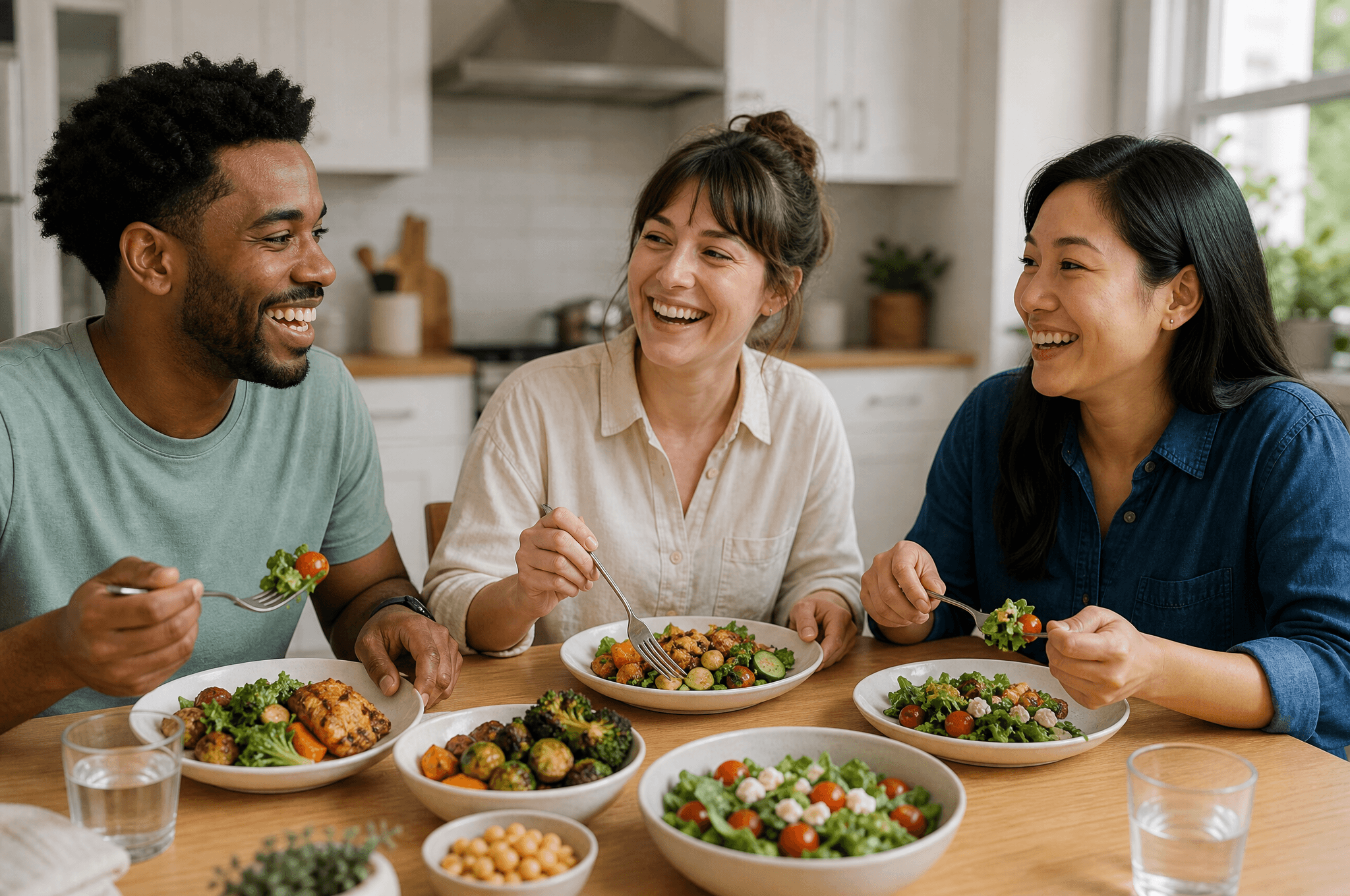 Three friends in their 30s laughing over a healthy meal together