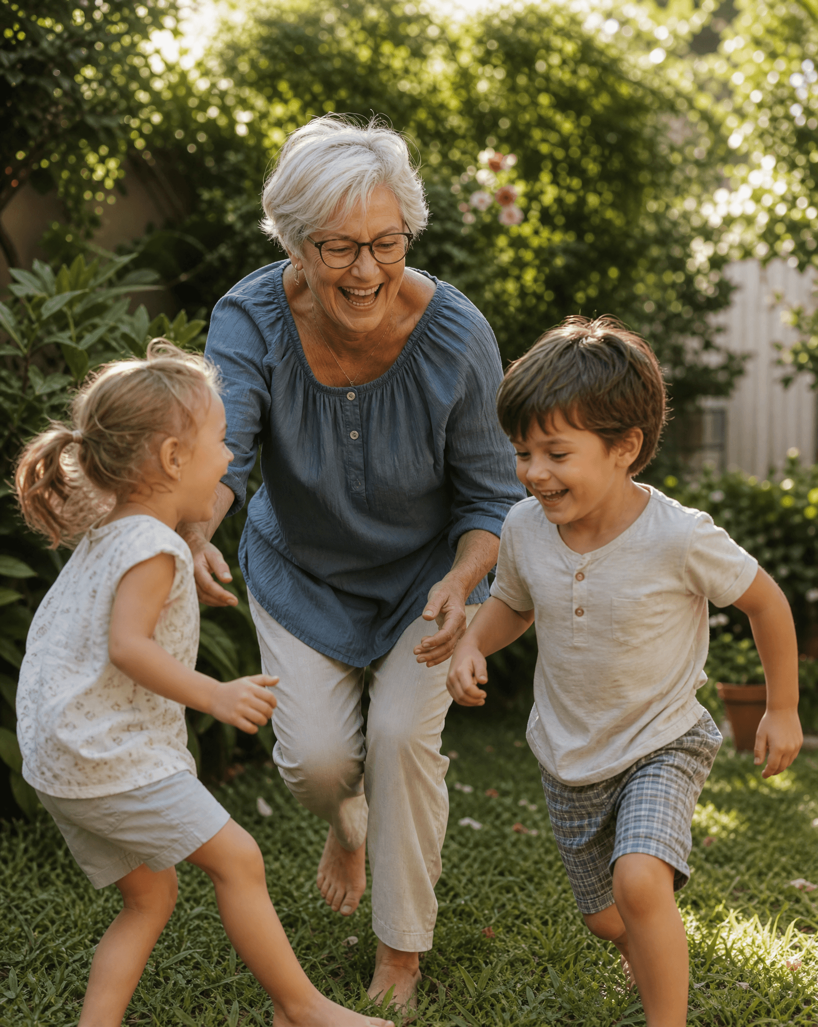A grandmother laughing with her grandchildren in a garden