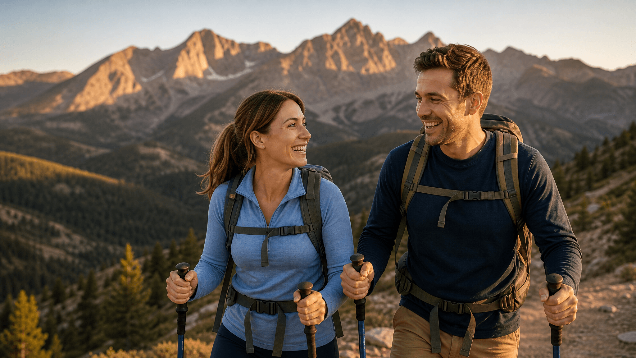 A couple in their 30s hiking together on a mountain trail at golden hour