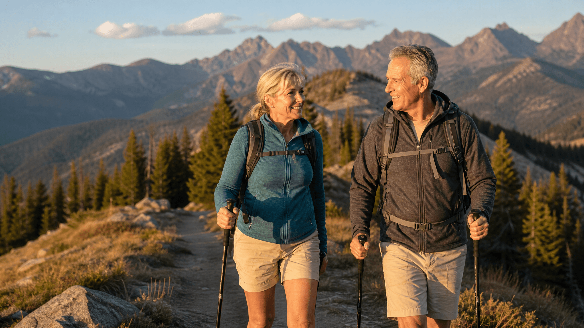 A couple in their 60s hiking a mountain trail together at golden hour