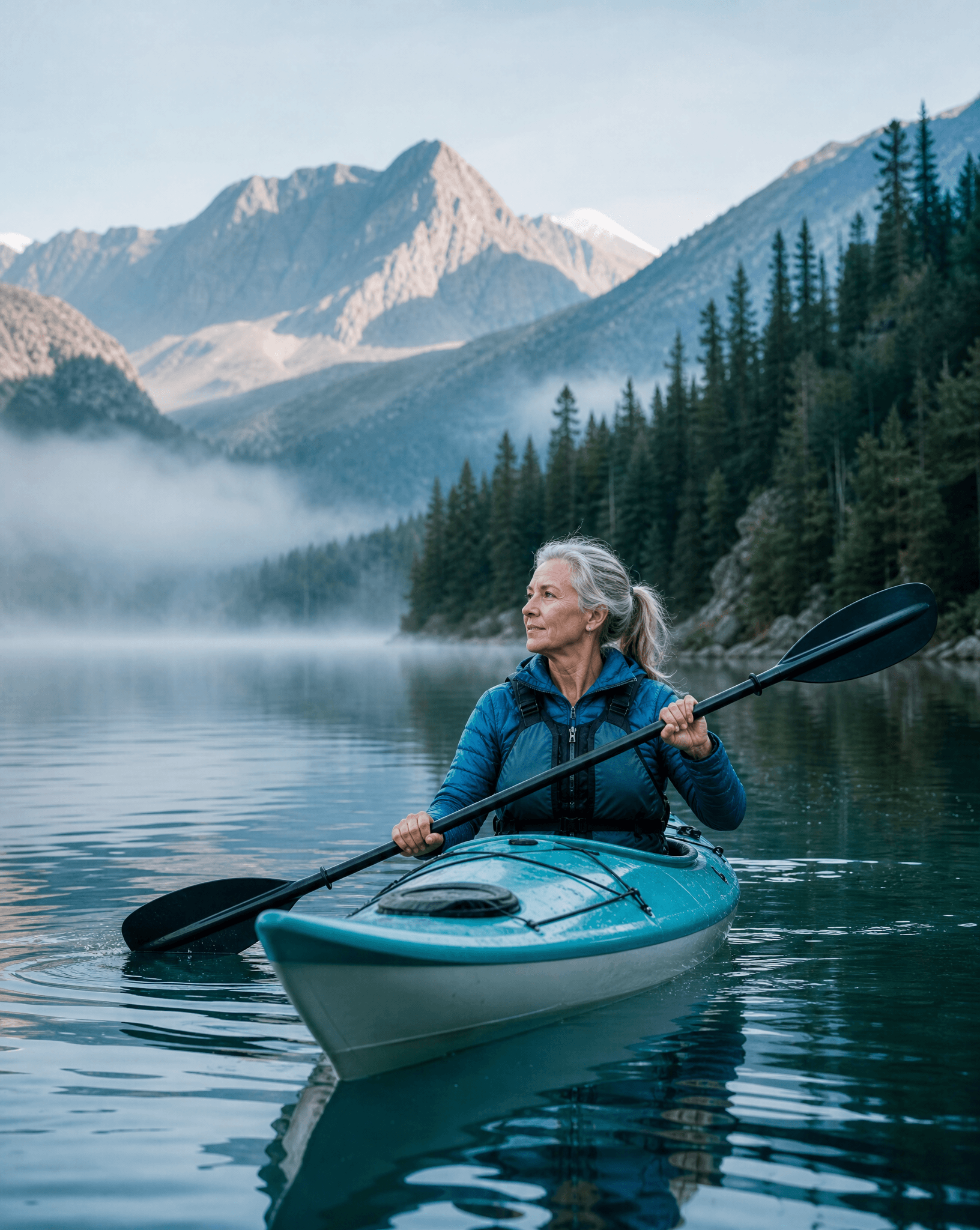 A woman kayaking on a calm alpine lake