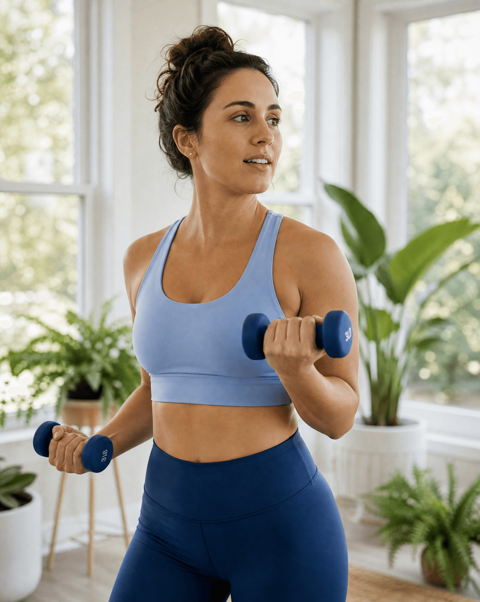 A woman in her 30s doing a light dumbbell workout at home