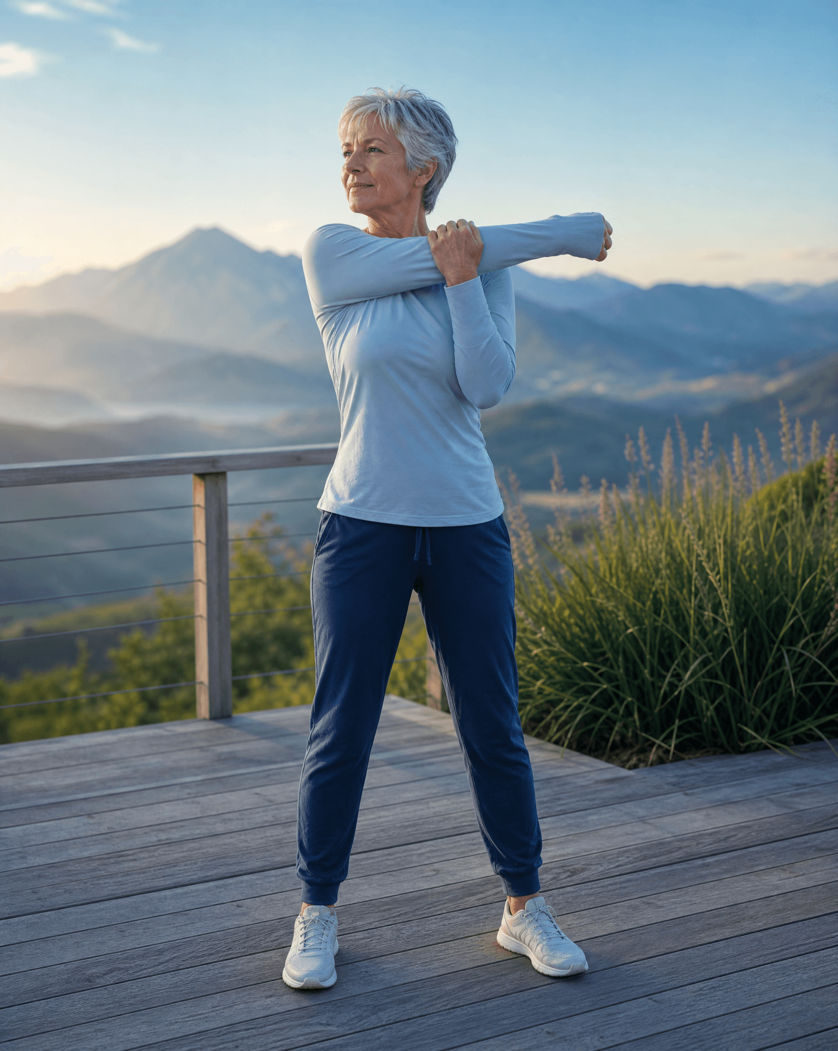 A woman stretching on a mountain-view deck at sunrise